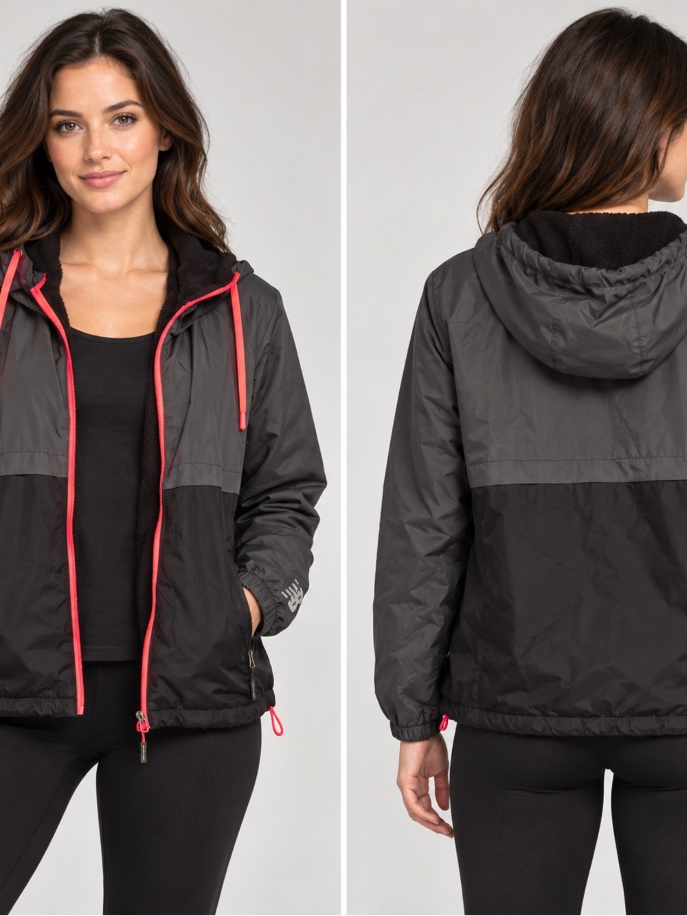 New Balance Black and Gray Hooded Windbreaker with Coral Trim